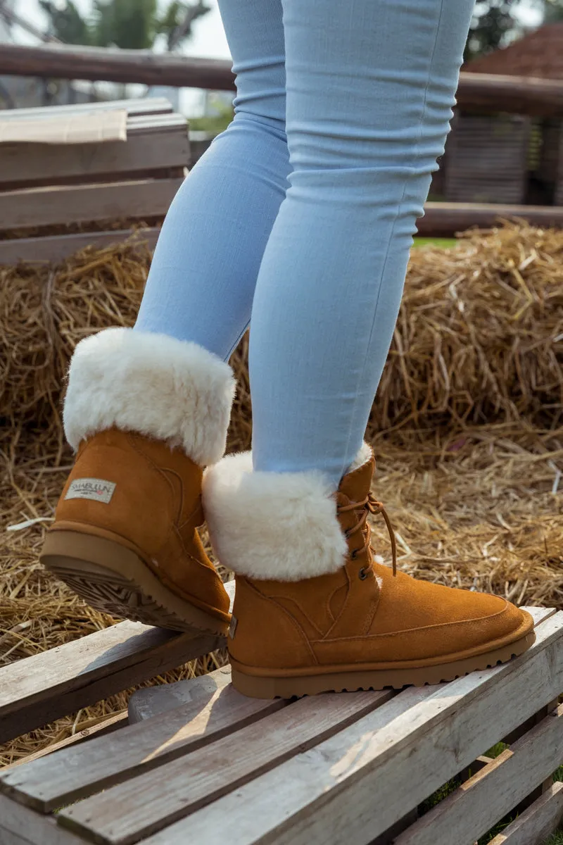 Wool Lined Suede Tie Up Ugg Boots â€?Chestnut