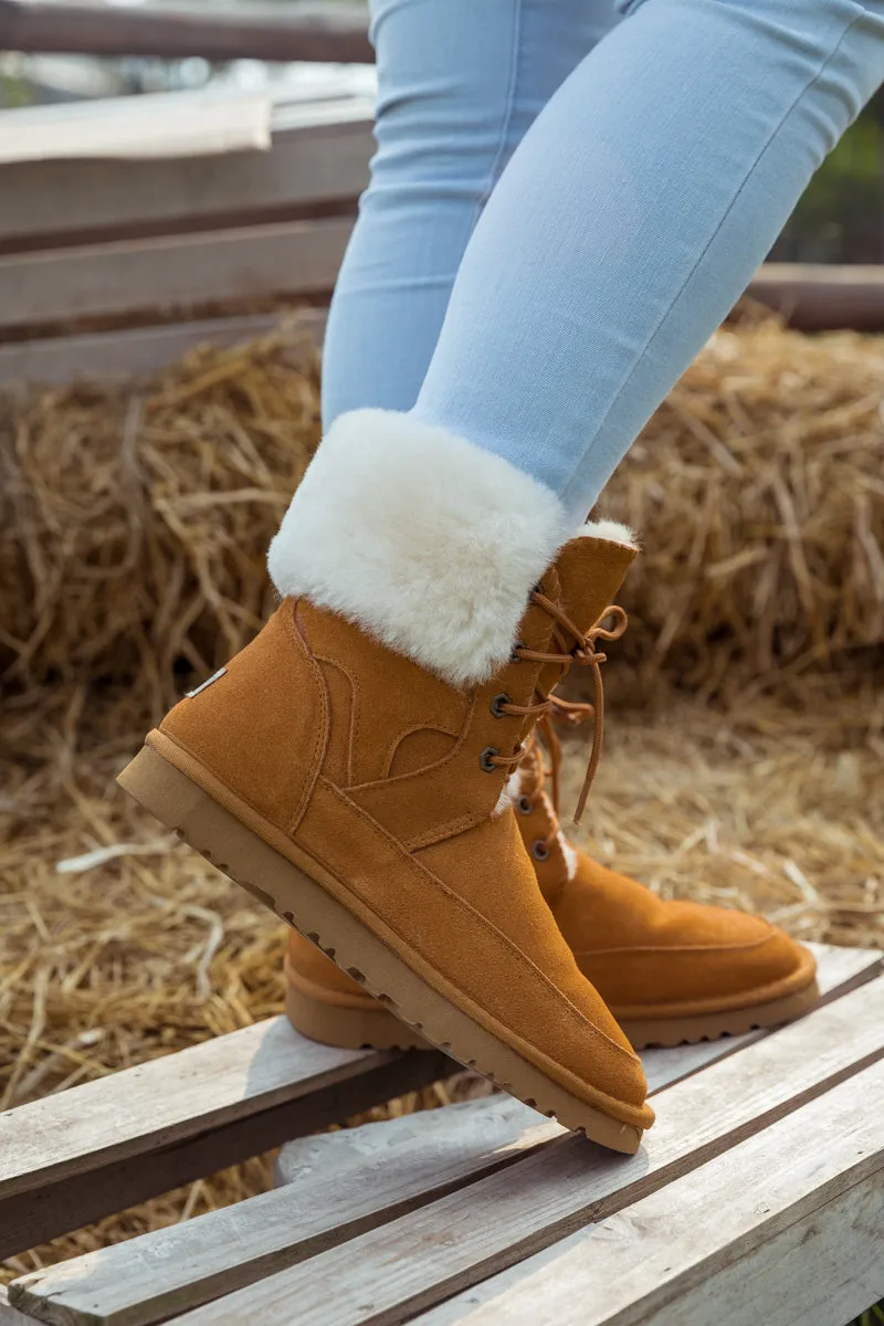 Wool Lined Suede Tie Up Ugg Boots â€?Chestnut