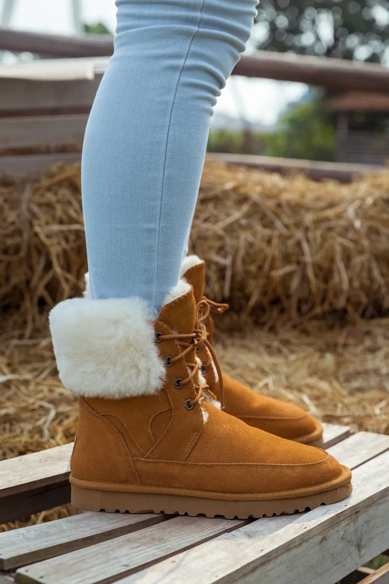 Wool Lined Suede Tie Up Ugg Boots â€?Chestnut