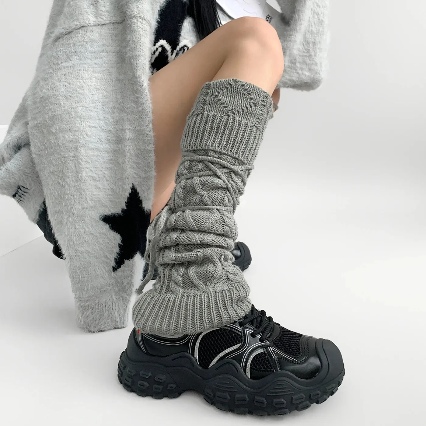 Y2K Lace-Up Knitted Wool Leg Warmers