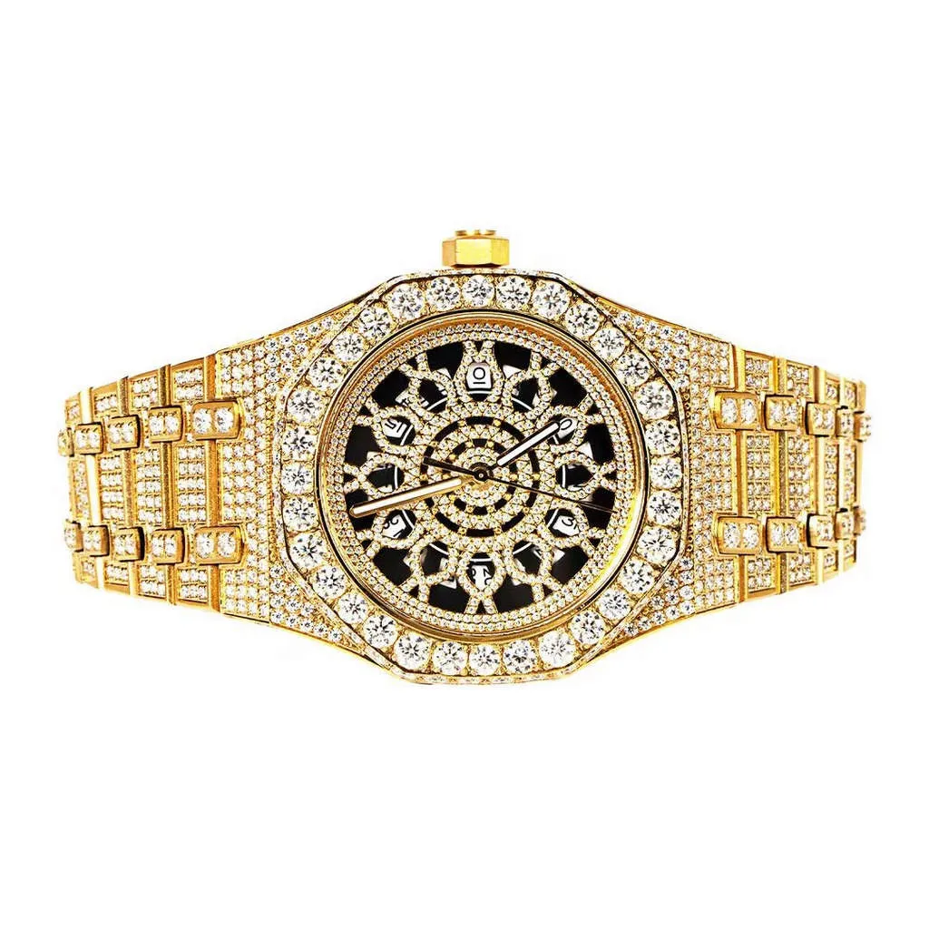 Yellow Tone Skeleton Dial Stainless Steel Moissanite Watch