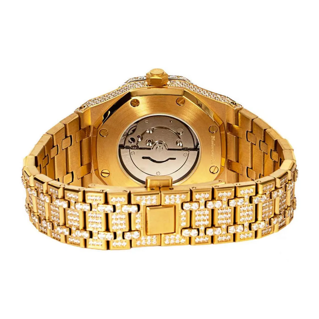 Yellow Tone Skeleton Dial Stainless Steel Moissanite Watch
