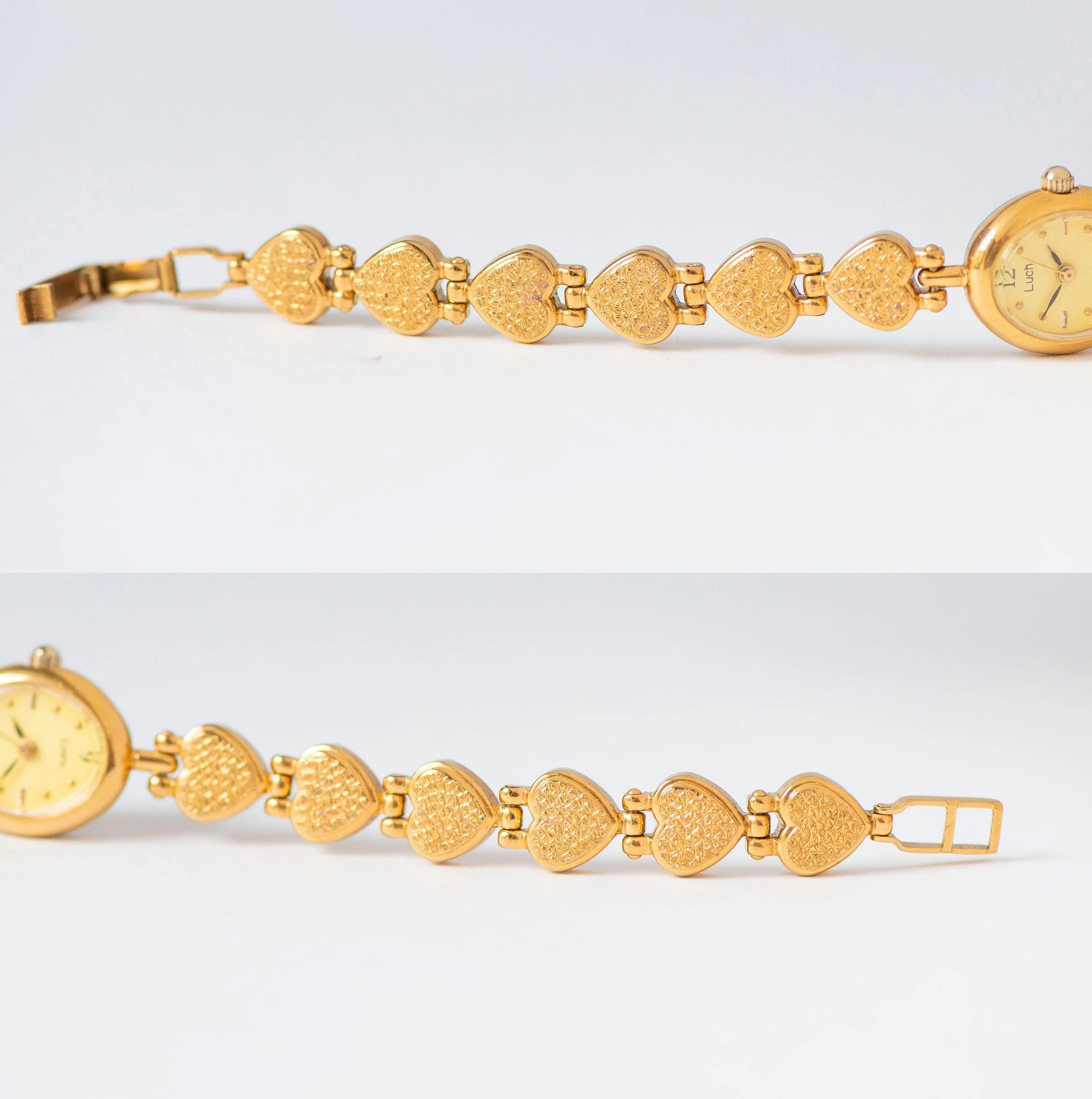 Yellow Women's Cocktail Watch Quartz Ray, Hearts pattern bracelet wristwatch for lady vintage, oval dial watch gift, gold shade jewelry chic