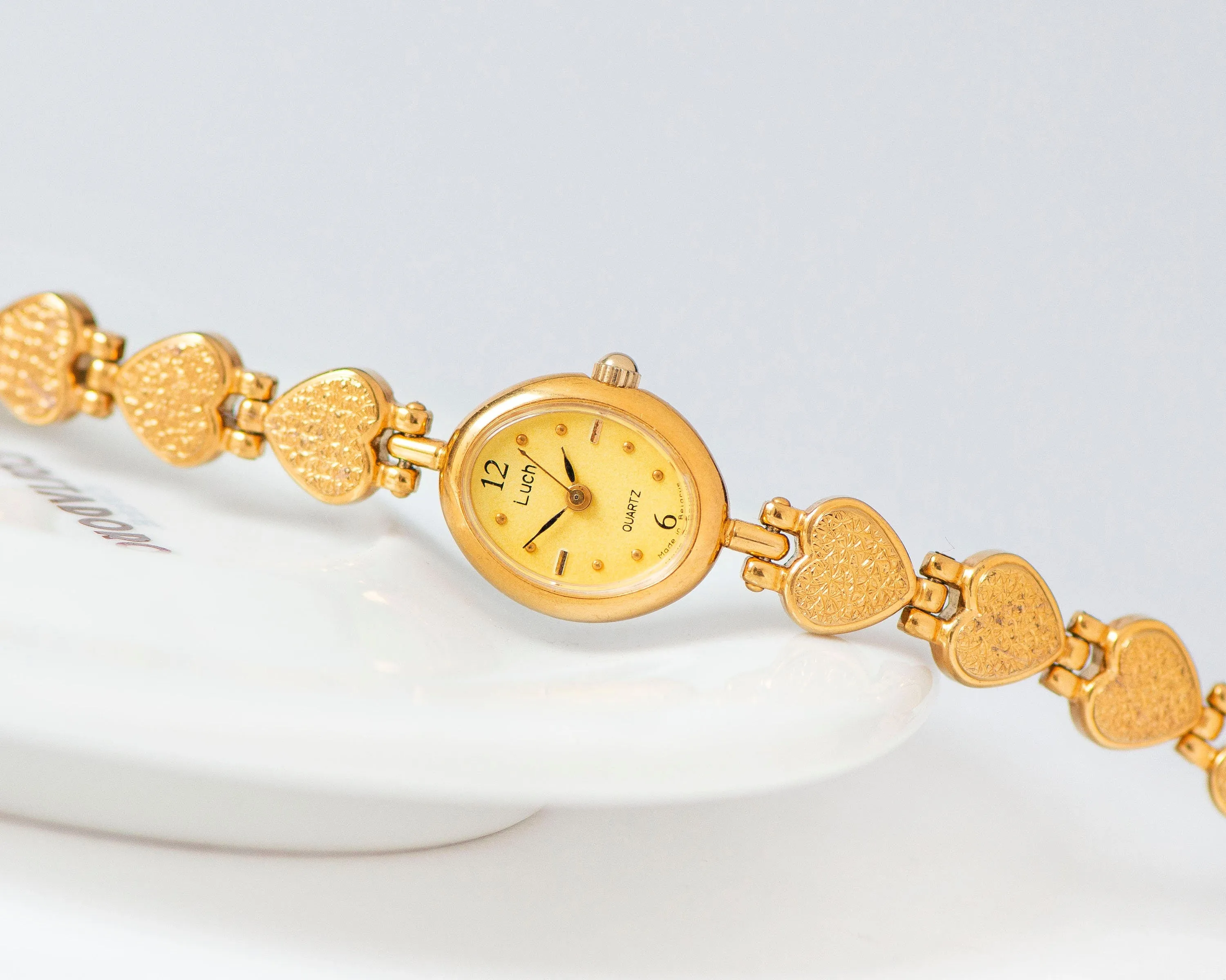 Yellow Women's Cocktail Watch Quartz Ray, Hearts pattern bracelet wristwatch for lady vintage, oval dial watch gift, gold shade jewelry chic
