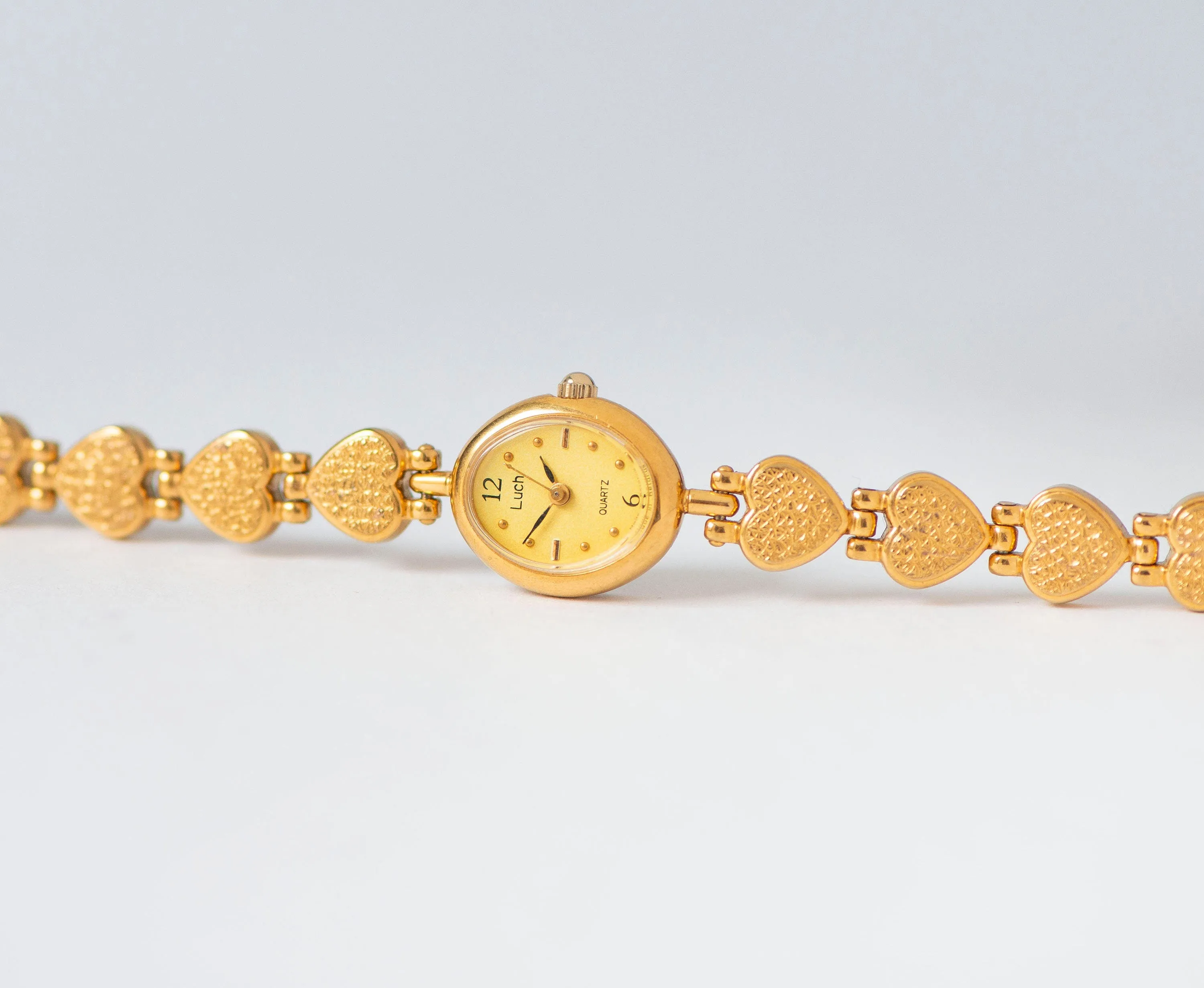Yellow Women's Cocktail Watch Quartz Ray, Hearts pattern bracelet wristwatch for lady vintage, oval dial watch gift, gold shade jewelry chic