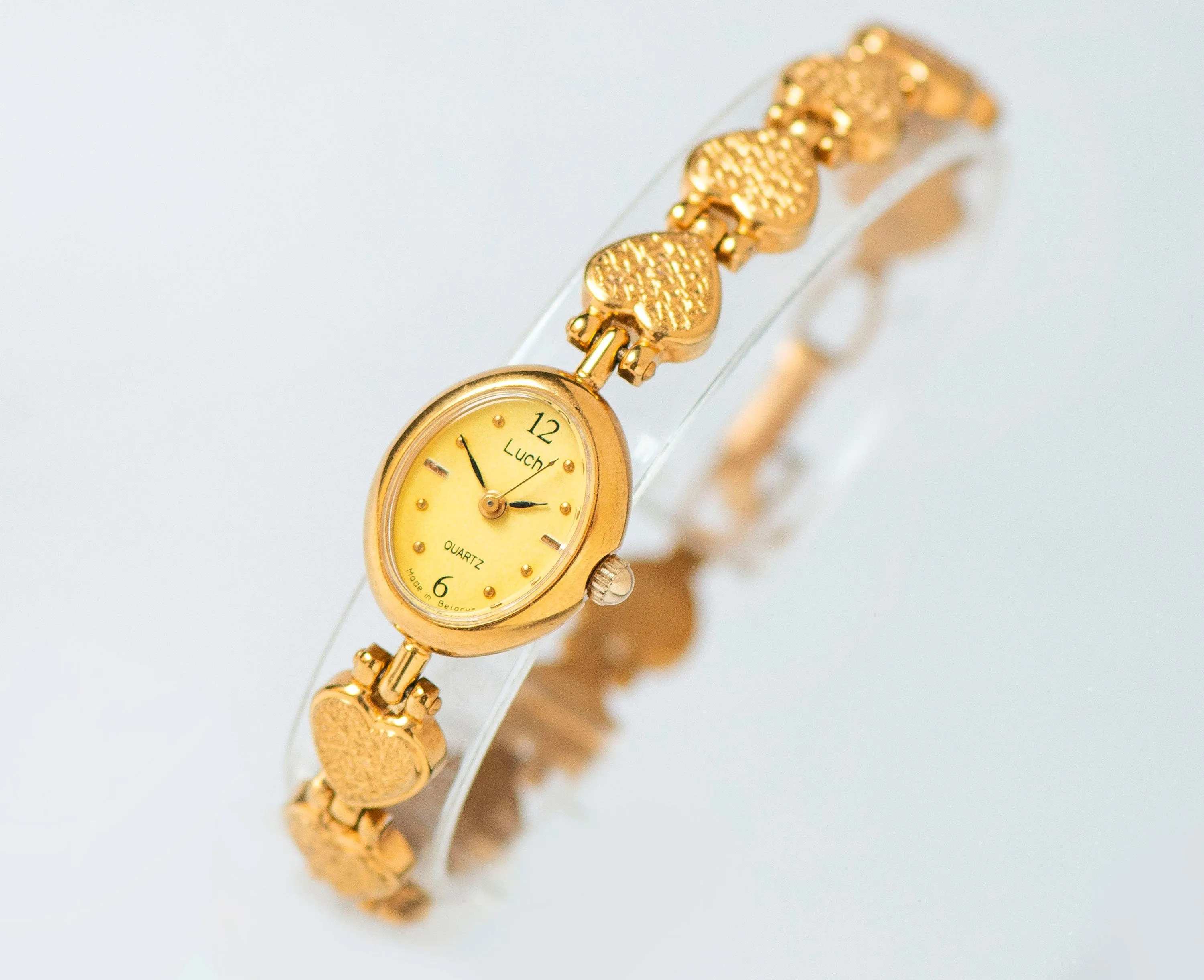 Yellow Women's Cocktail Watch Quartz Ray, Hearts pattern bracelet wristwatch for lady vintage, oval dial watch gift, gold shade jewelry chic