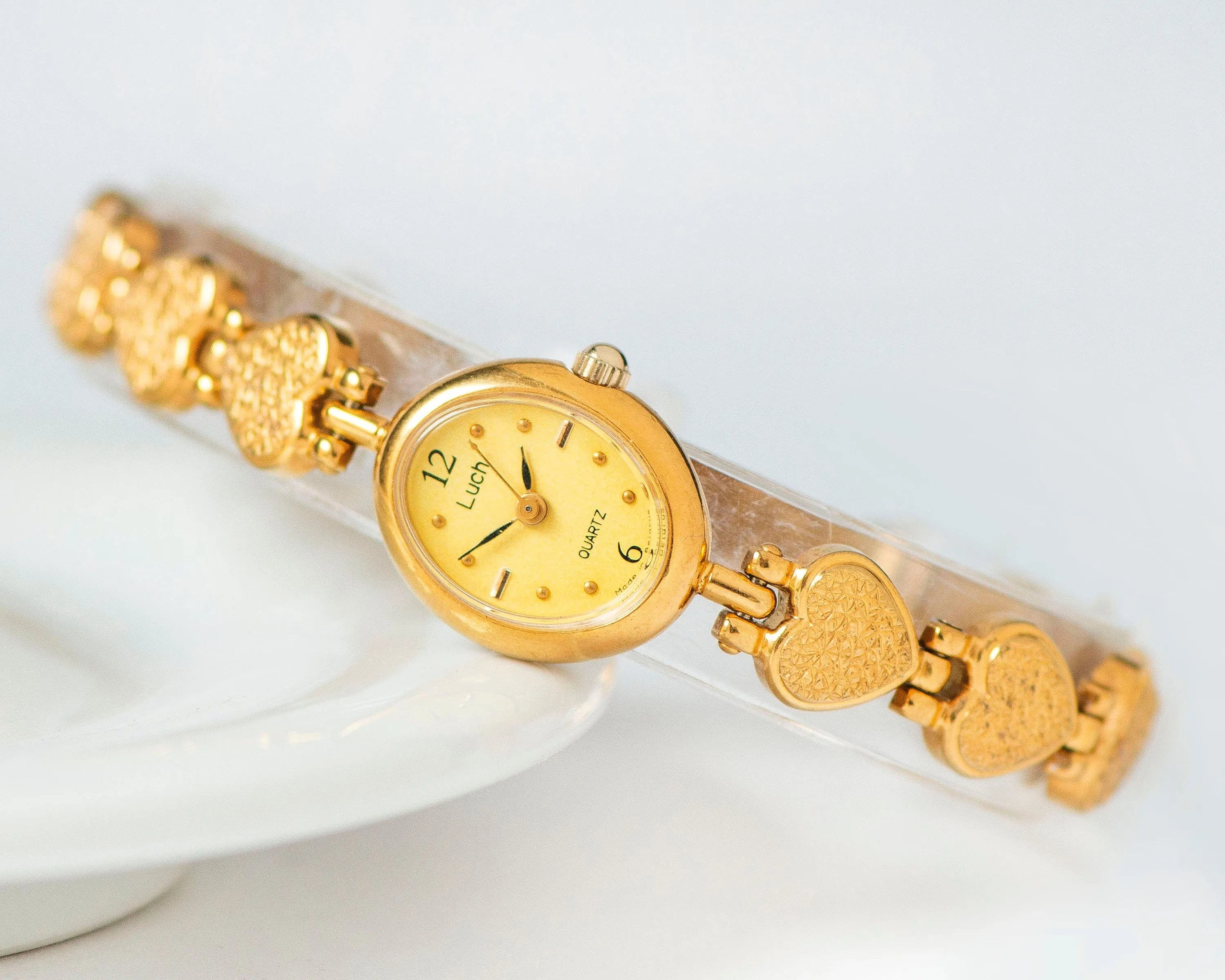 Yellow Women's Cocktail Watch Quartz Ray, Hearts pattern bracelet wristwatch for lady vintage, oval dial watch gift, gold shade jewelry chic