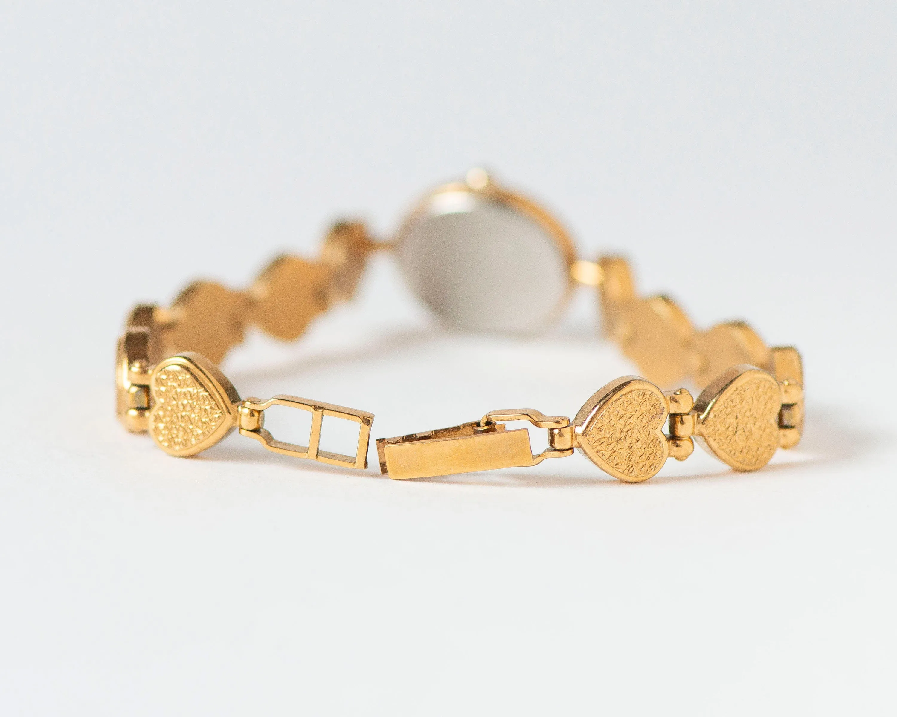 Yellow Women's Cocktail Watch Quartz Ray, Hearts pattern bracelet wristwatch for lady vintage, oval dial watch gift, gold shade jewelry chic