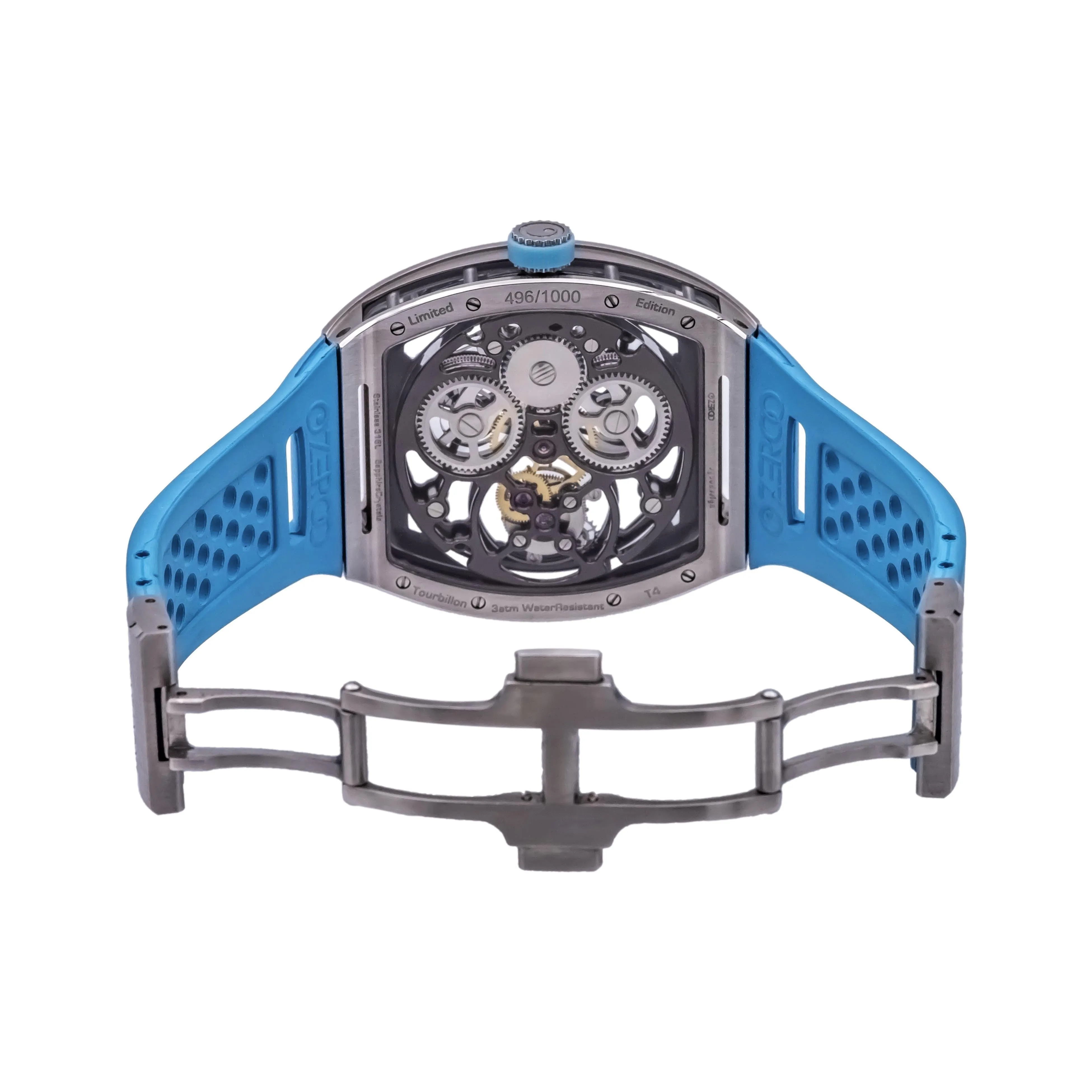 ZEROO T4 The Archer Blue Silver Steel Full Skeleton Tourbillon Watch NEW