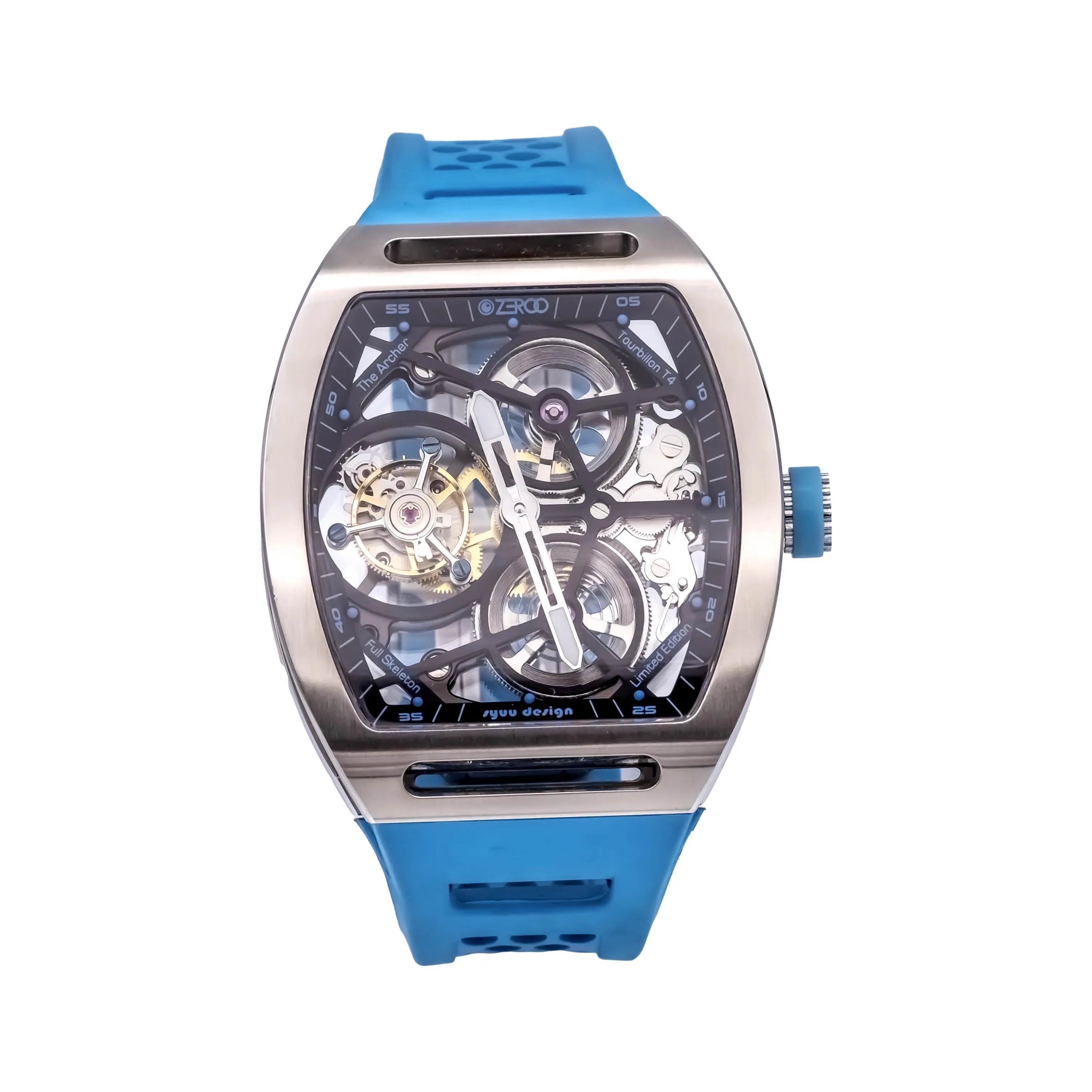 ZEROO T4 The Archer Blue Silver Steel Full Skeleton Tourbillon Watch NEW