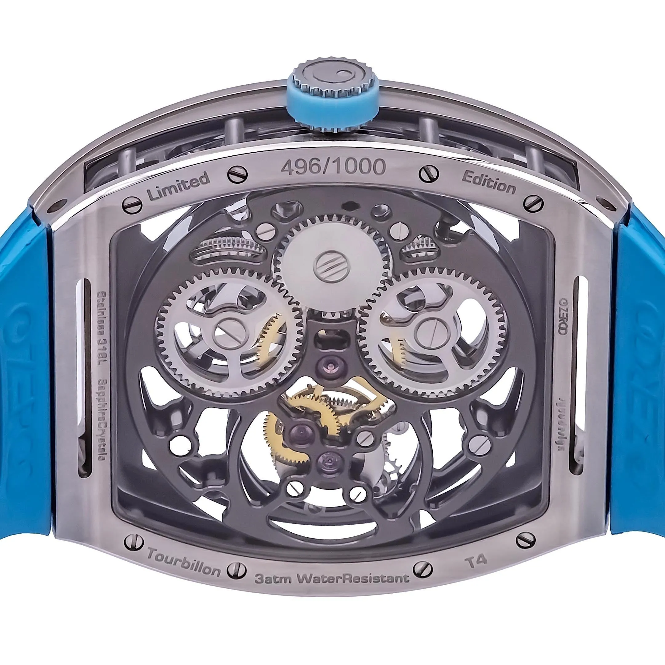 ZEROO T4 The Archer Blue Silver Steel Full Skeleton Tourbillon Watch NEW